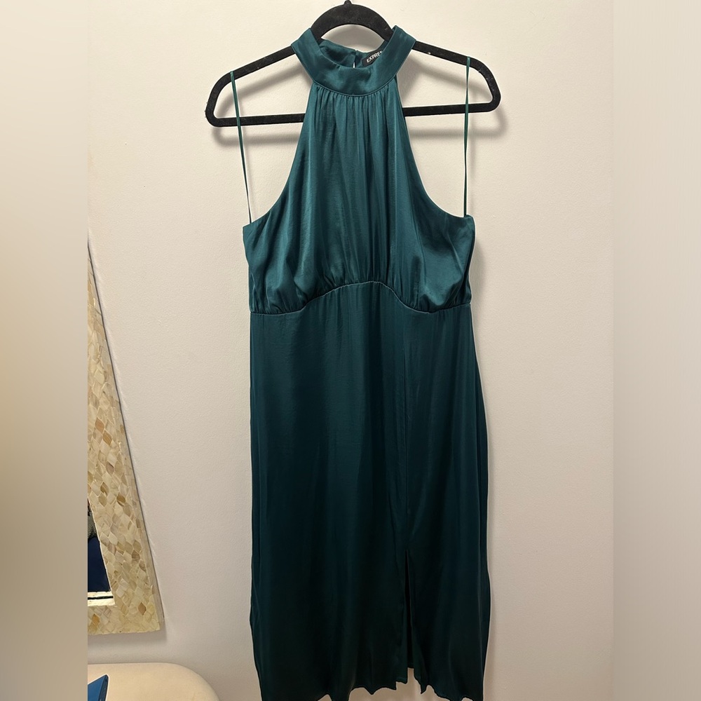 Express Satin Halter Neck Slit Midi Dress